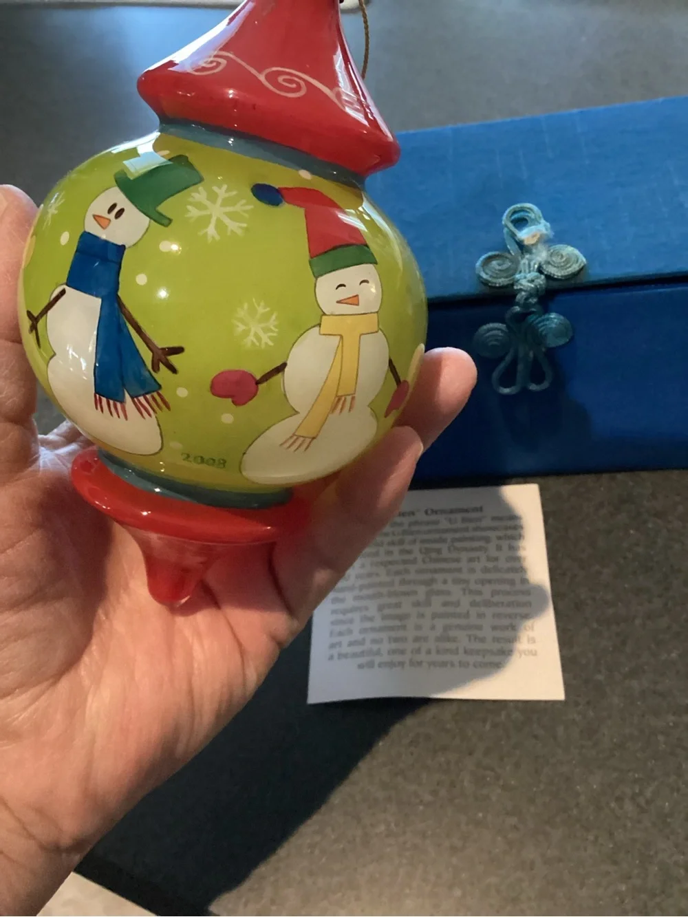 Pier 1 Green and Red Snowman Glass Ornament